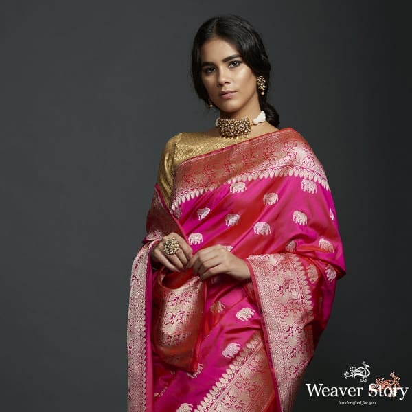 Rani_Pink_kadhwa_elephant_boota_saree_with_shikargah_border_WeaverStory_01