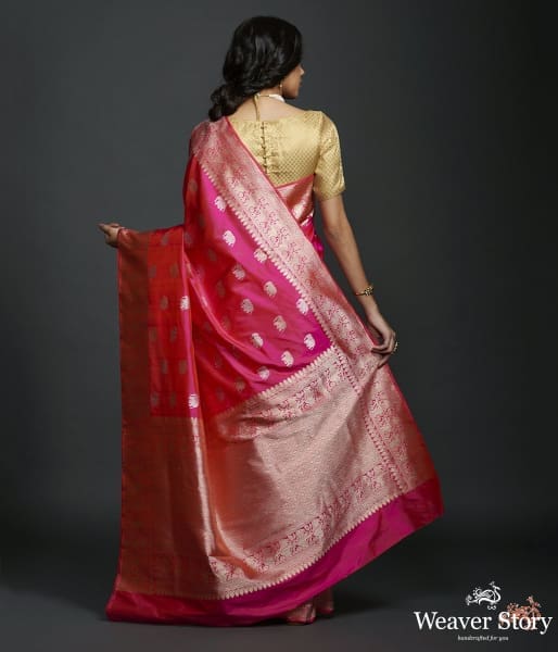 Rani_Pink_kadhwa_elephant_boota_saree_with_shikargah_border_WeaverStory_03