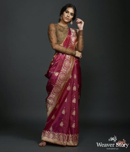 Wine_floral_border_saree_with_kadhwa_booti_and_mustard_selvedge_WeaverStory_02