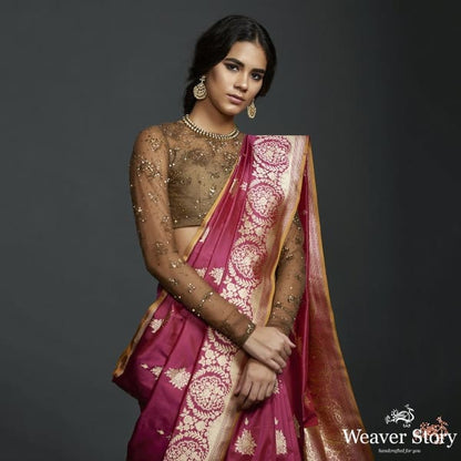 Wine_floral_border_saree_with_kadhwa_booti_and_mustard_selvedge_WeaverStory_01