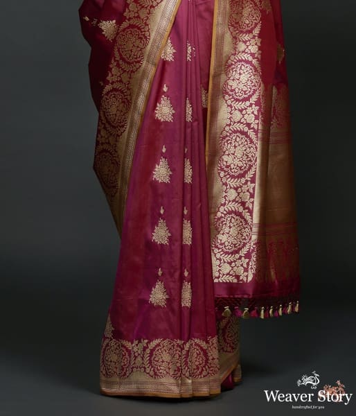 Wine_floral_border_saree_with_kadhwa_booti_and_mustard_selvedge_WeaverStory_03