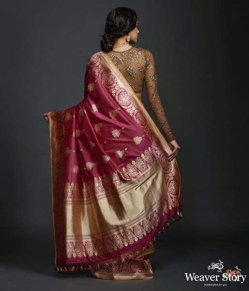 Wine_floral_border_saree_with_kadhwa_booti_and_mustard_selvedge_WeaverStory_04