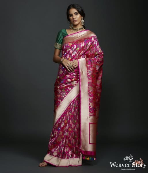 Hot_pink_shikargah_saree_with_zari_border_WeaverStory_02