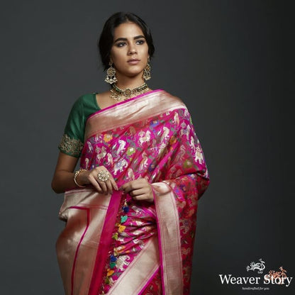 Hot_pink_shikargah_saree_with_zari_border_WeaverStory_01