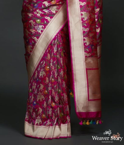 Hot_pink_shikargah_saree_with_zari_border_WeaverStory_03