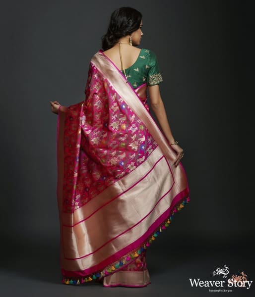 Hot_pink_shikargah_saree_with_zari_border_WeaverStory_04