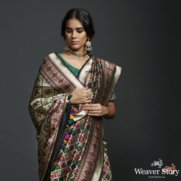 Handwoven_Banarasi_Patola_Saree_in_Black_with_intricate_meenakari_work_WeaverStory_01