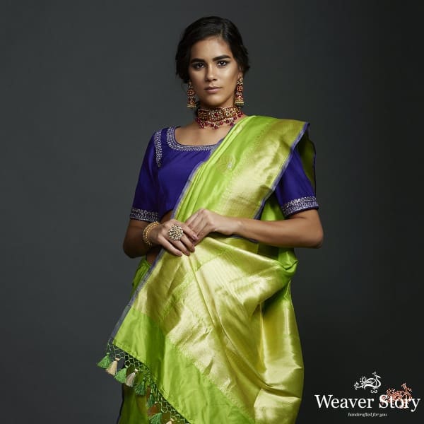 Neon_Green_kadhwa_booti_saree_with_zari_border_and_a_blue_selvedge_WeaverStory_01