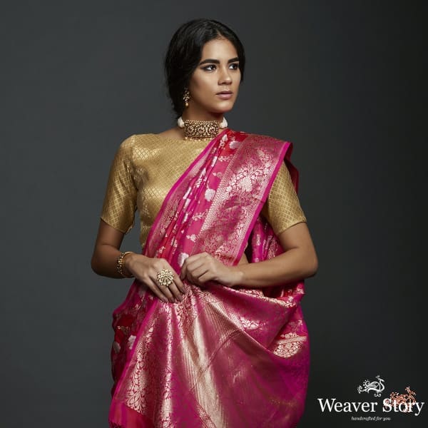 Hot Pink dual tone sona rupa kadhwa jangla with sona rupa zari ...