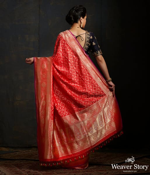 Handwoven_Banarasi_saree_in_red_with_broad_floral_border_WeaverStory_03