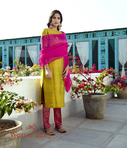 Green_Raw_Silk_Kurta_with_Pink_Pants_and_Pink_Hand_Embroidered_Organza_Dupatta_WeaverStory_02