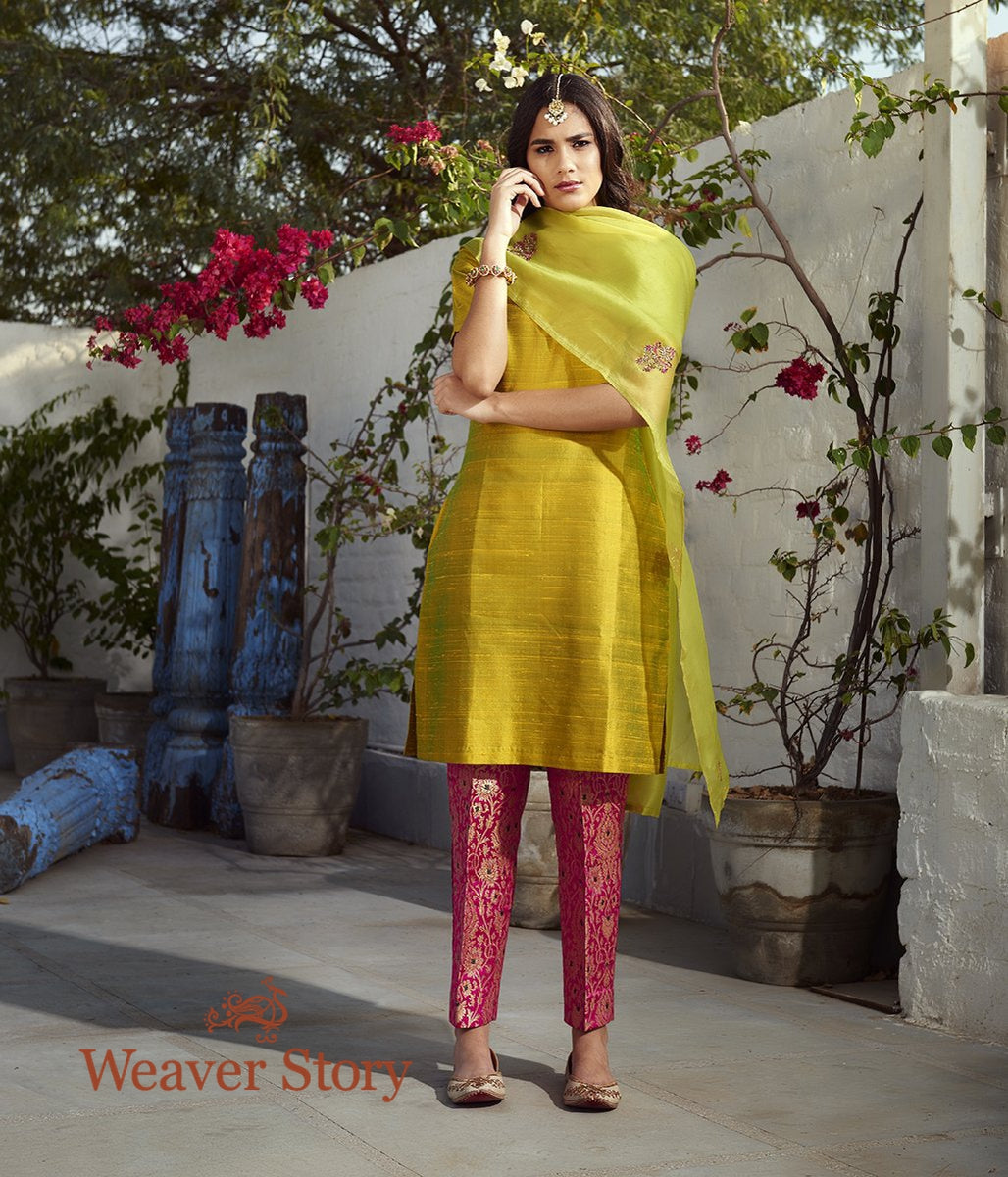 Green_Raw_Silk_Kurta_with_Pink_Pants_and_Green_Hand_Embroidered_Organza_Dupatta_WeaverStory_02