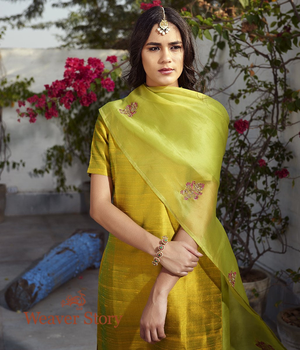 Green_Raw_Silk_Kurta_with_Pink_Pants_and_Green_Hand_Embroidered_Organza_Dupatta_WeaverStory_01