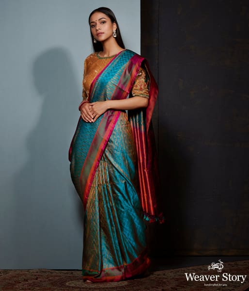 Turquoise_blue_and_wine_Jamawar_saree_WeaverStory_02