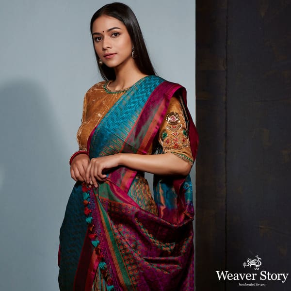 Turquoise_blue_and_wine_Jamawar_saree_WeaverStory_01