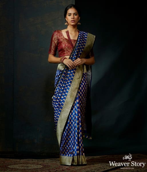 Royal_Blue_katan_silk_saree_with_small_floral_motifs_and_kadhwa_border_WeaverStory_02