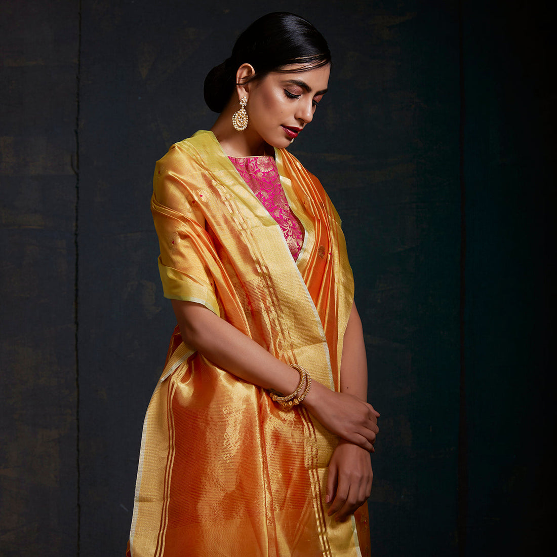 Mango_yellow_chanderi_silk_saree_with_gold_zari_boota_with_meenakari_WeaverStory_01