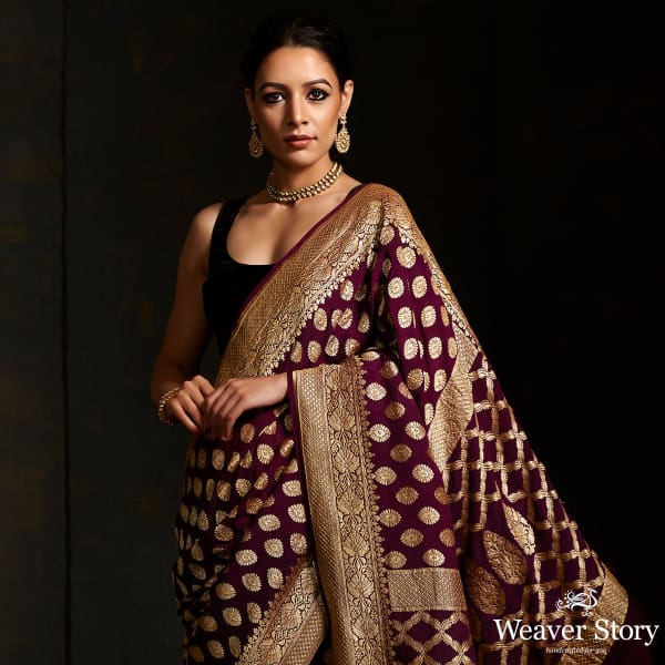 Wine_banarasi_georgette_saree_with_zari_motifs_WeaverStory_01