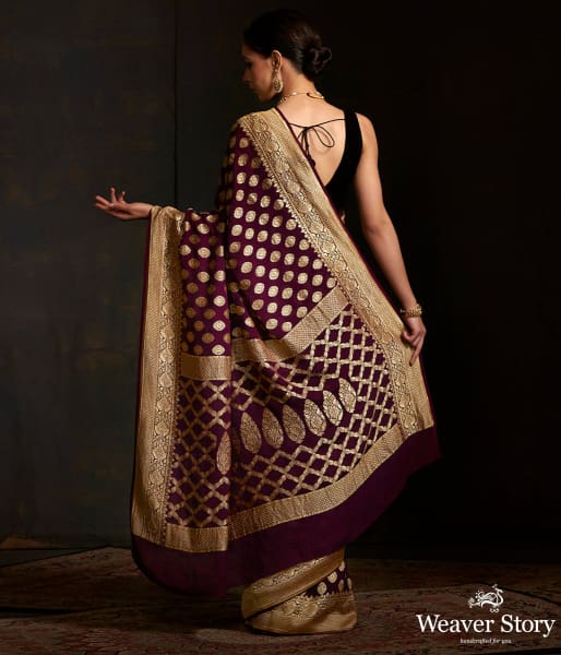 Wine_banarasi_georgette_saree_with_zari_motifs_WeaverStory_03