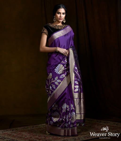 Handwoven_dupion_silk_banarasi_with_floral_borders_woven_in_sona_rupa_zari_WeaverStory_02