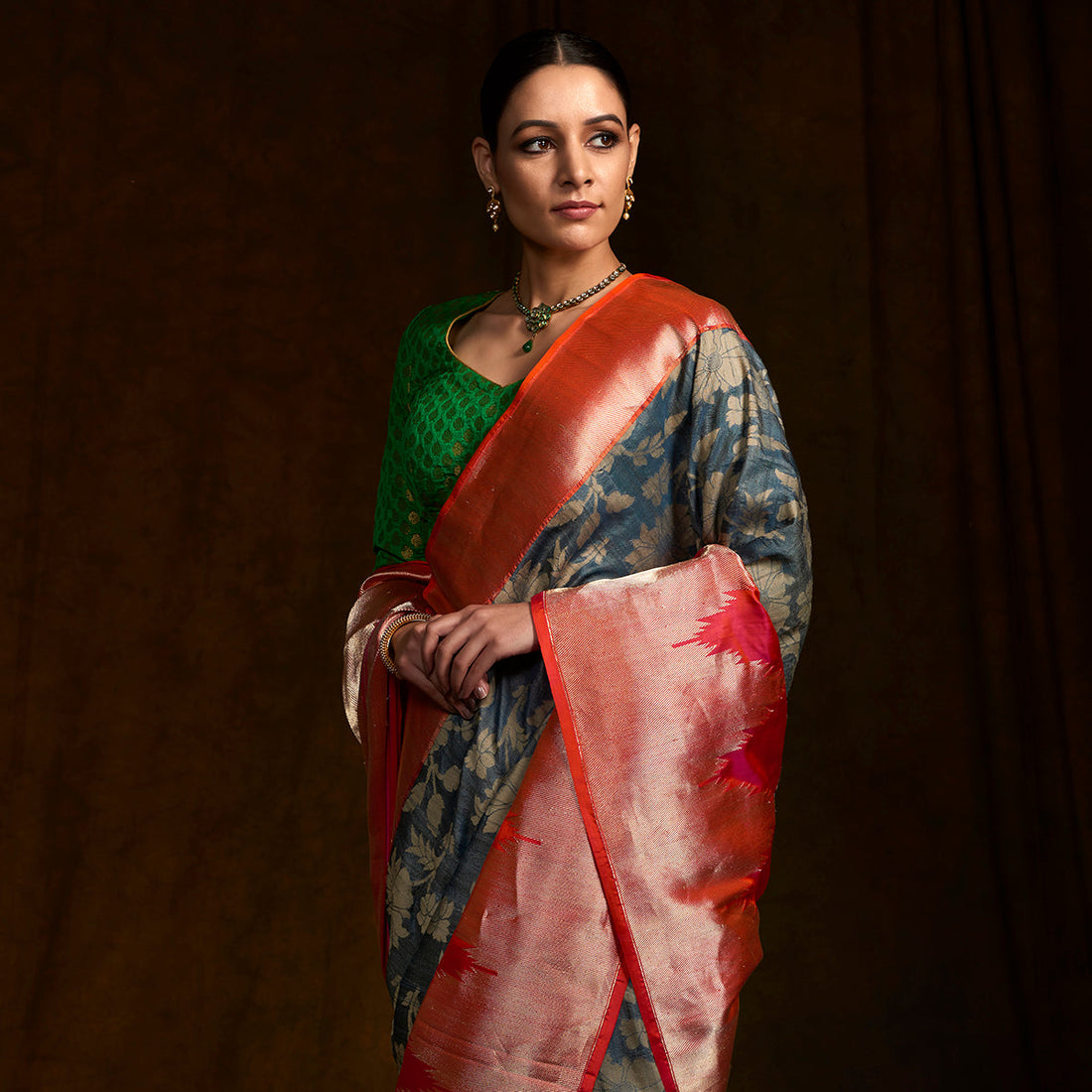 Handloom_Banarasi_Dupion_Silk_Saree_with_a_self_Weave_Jaal_and_temple_Border_WeaverStory_01