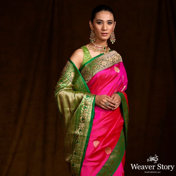 Majenta_and_Green_Contrast_Border_Banarasi_Saree_with_kadhwa_Booti_WeaverStory_01