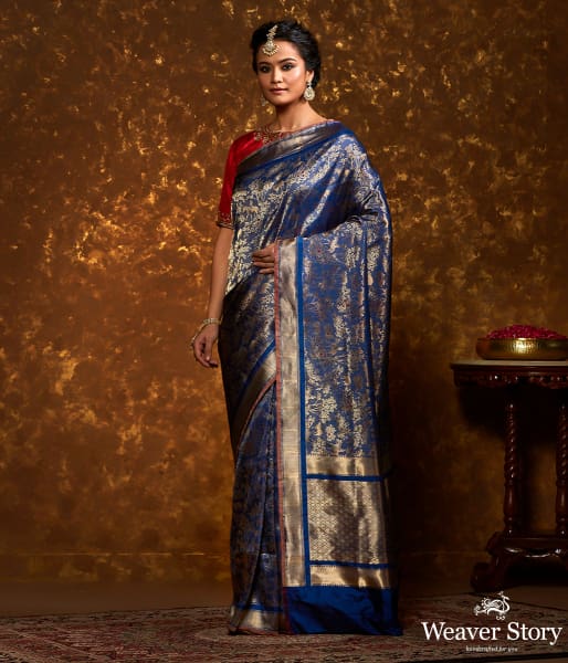 Handwoven_Blue_and_Gold_Kimkhab_Shikargah_Saree_WeaverStory_02