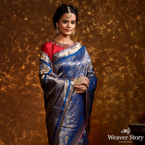 Handwoven_Blue_and_Gold_Kimkhab_Shikargah_Saree_WeaverStory_01