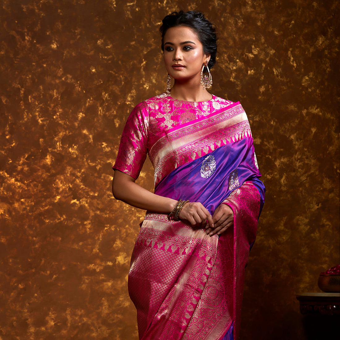 Handwoven_Purple_Banarasi_Saree_with_Hot_Pink_Border_WeaverStory_01