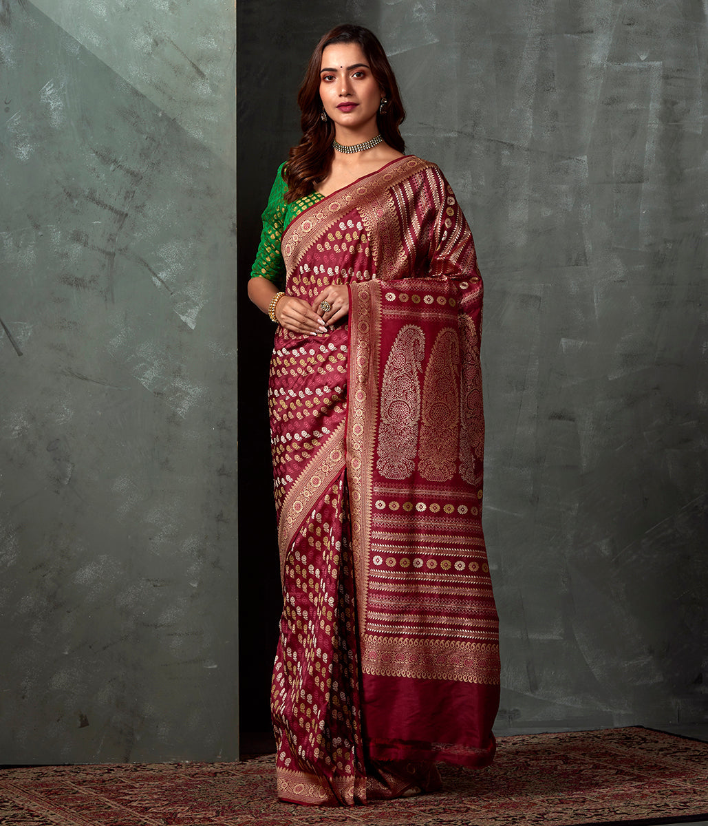 Handwoven_Banaras_Baluchari_in_Mahroon_with_Small_Floral_Booti_and_Kalka_Pallu_WeaverStory_02