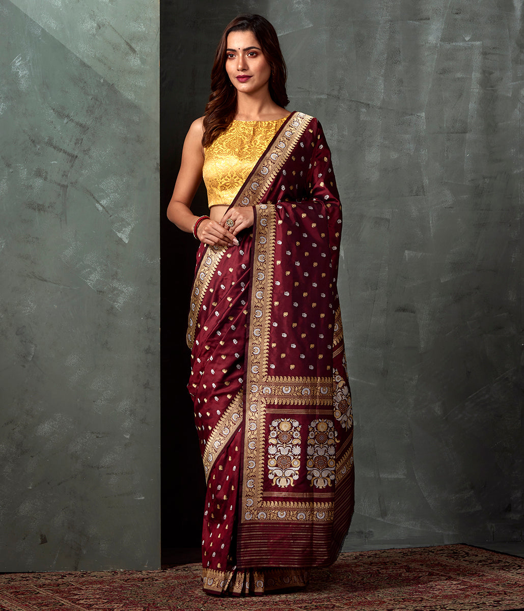 Handwoven_Banaras_Baluchari_in_Mahroon_with_Zari_WeaverStory_02