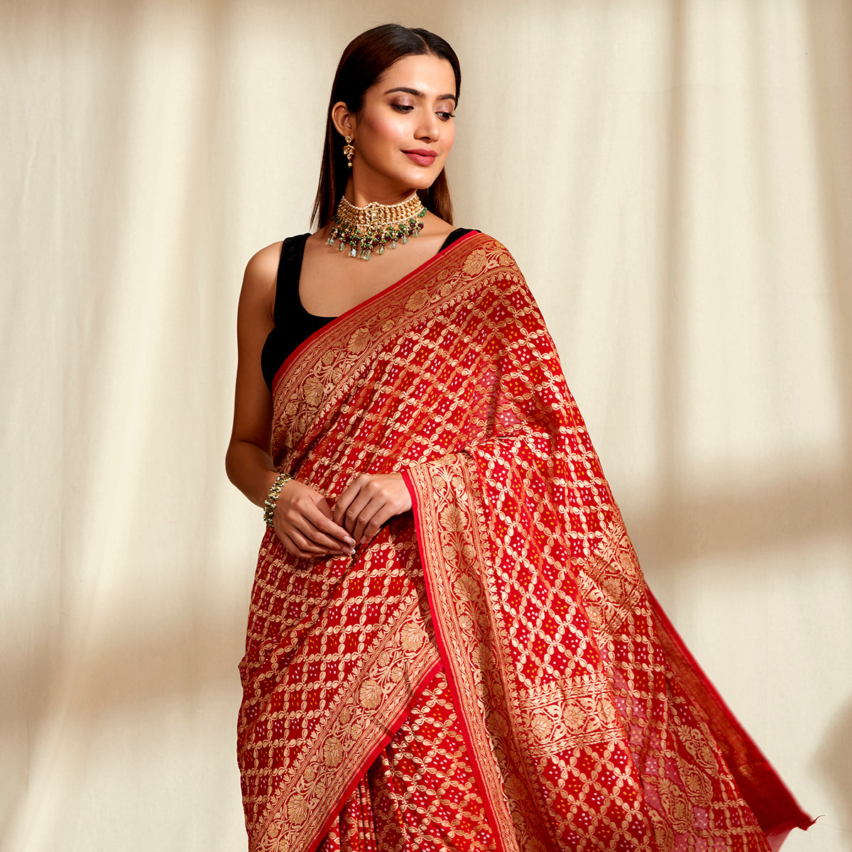 Handwoven_Banarasi_Bandhej_Saree_in_Red_with_Gold_Zari_Weave_WeaverStory_01