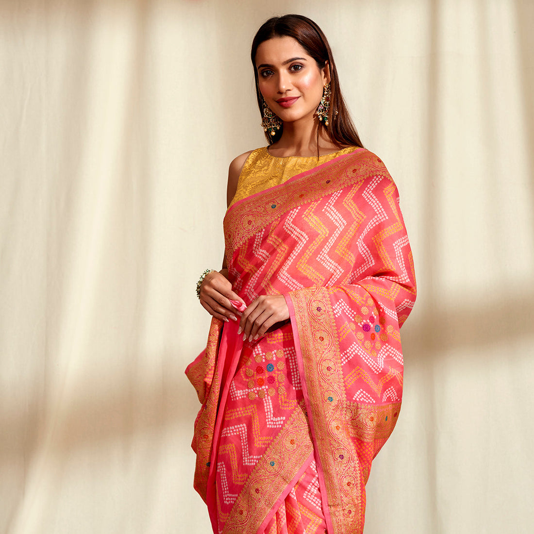 Handloom_Banarasi_Bandhej_Saree_in_Peach_with_Meenakari_WeaverStory_01