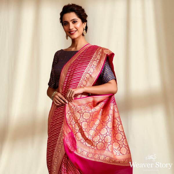 Handwoven_Pink_Banarasi_Georgette_Saree_in_Diagonal_Weave_WeaverStory_01