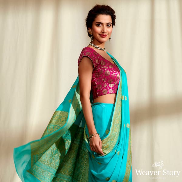 Handwoven_Banarasi_Georgette_Saree_in_Blue_with_Kadhwa_Booti_WeaverStory_01