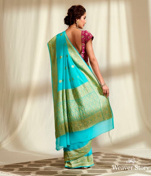 Handwoven_Banarasi_Georgette_Saree_in_Blue_with_Kadhwa_Booti_WeaverStory_03