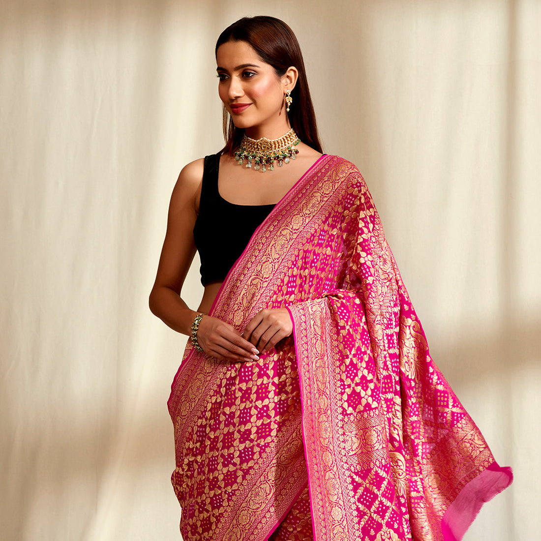 Handwoven_Banarasi_Bandhej_Saree_in_Pink_with_Gold_Zari_Weave_WeaverStory_01