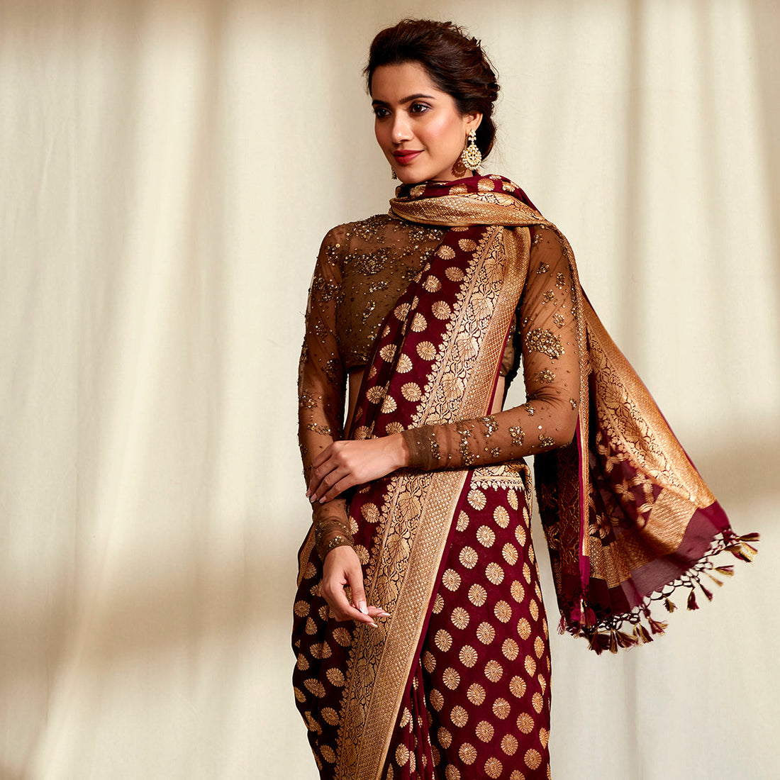 Handwoven_Banarasi_Georgette_Saree_in_Dark_Mahroon_WeaverStory_01
