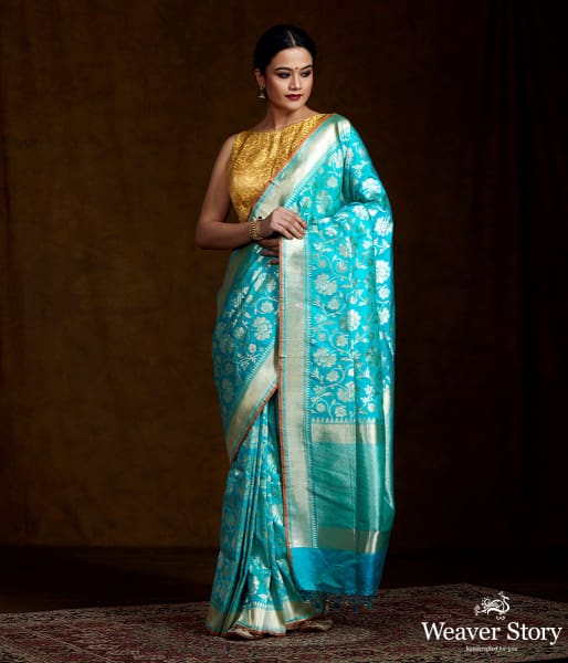 Blue_Handwoven_Banarasi_with_Gold_and_Silver_Zari_Jaal_WeaverStory_02