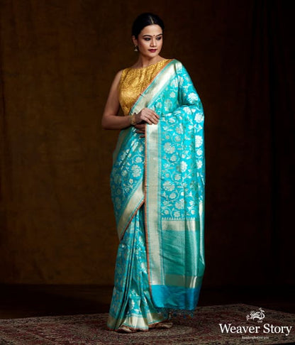 Blue_Handwoven_Banarasi_with_Gold_and_Silver_Zari_Jaal_WeaverStory_02