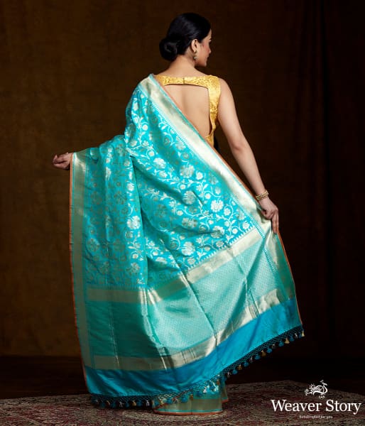 Blue_Handwoven_Banarasi_with_Gold_and_Silver_Zari_Jaal_WeaverStory_03