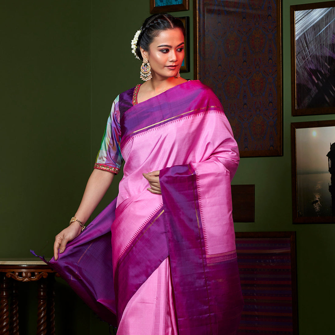 Handloom_Pink_Kanjivaram_Silk_Saree_with_Purple_Border_WeaverStory_01