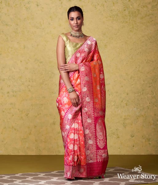 Handwoven_Pink_and_Orange_Banarasi_Jangla_with_Bright_Pink_Border_and_Pallu_WeaverStory_02