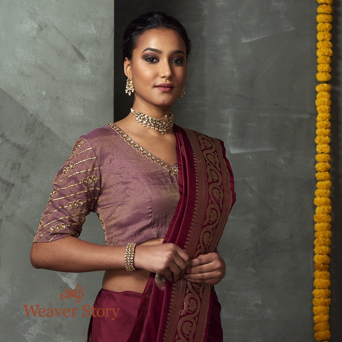 Onion_Pink_Tissue_Chanderi_Blouse_with_Hand_Embroidered_Gota_and_Zardozi_Detailing_WeaverStory_01