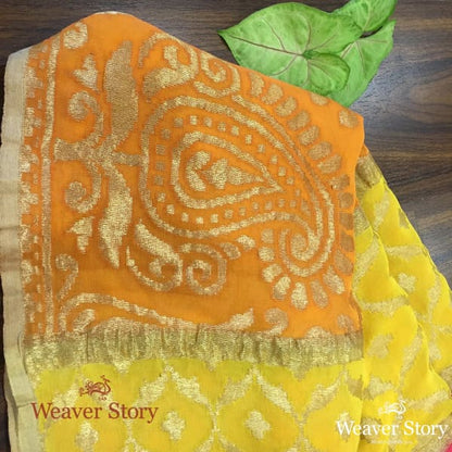 Handwoven_Ombre_Dye_Orange_and_Yellow_Banarasi_Georgette_Dupatta_WeaverStory_01