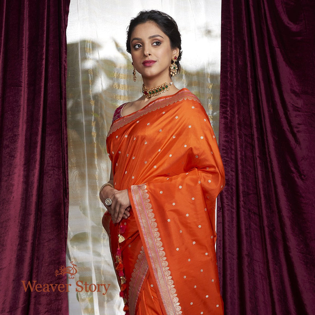 Handwoven_Orange_Kadhwa_Boota_Saree_with_Small_Border_WeaverStory_01