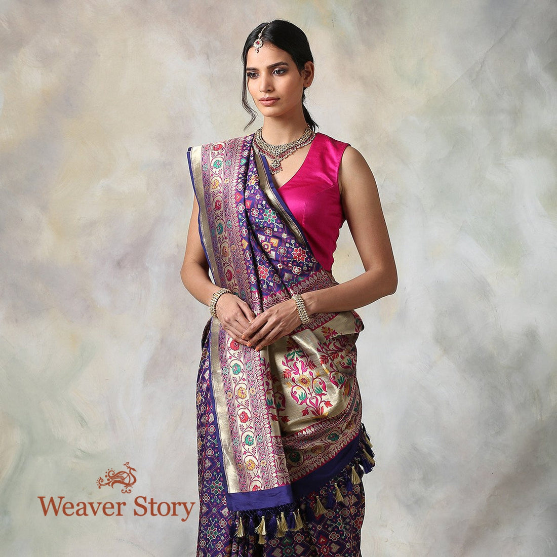 Handwoven_Blue_Double_Warp_Banarasi_Patola_Saree_with_Meenakari_WeaverStory_01