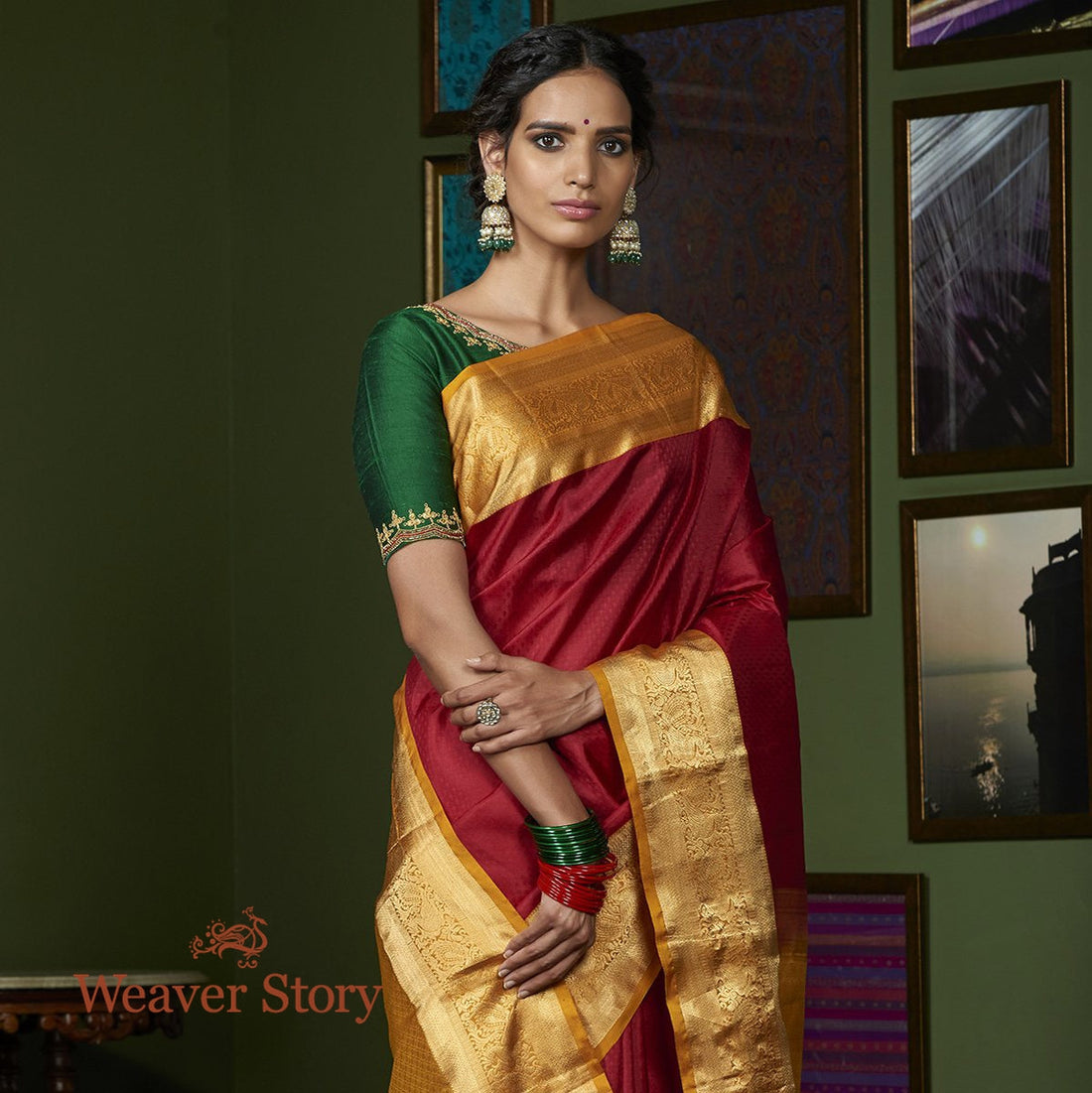 Handwoven_Maroon_Kanjivaram_Saree_with_Mustard_Annapakshi_Border_WeaverStory_01