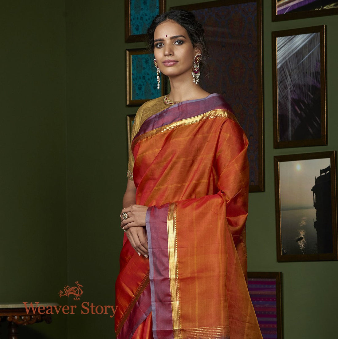 Handwoven_Rust_Kanjivaram_Sailk_Saree_with_Wine_Border_WeaverStory_01