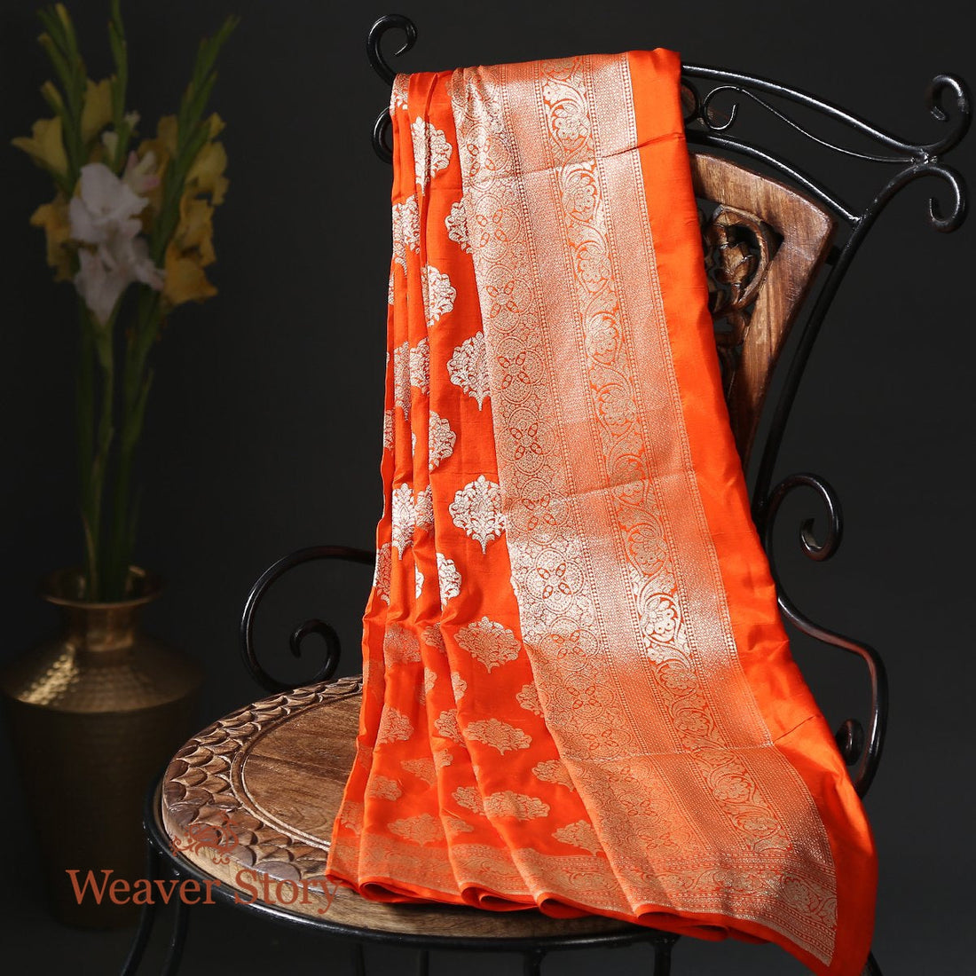 Handloom_Orange_Katan_Silk_Cutwork_Booti_Dupatta_WeaverStory_01